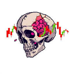 A pixel art image featuring a broken skull with exposed brain matter, intertwined with vibrant market candles representing financial data