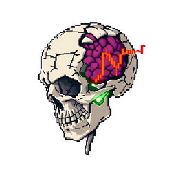 A pixel art image featuring a broken skull with exposed brain matter, intertwined with vibrant market candles representing financial data