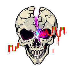 A pixel art image featuring a broken skull with exposed brain matter, intertwined with vibrant market candles representing financial data