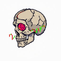 A pixel art image featuring a broken skull with exposed brain matter, intertwined with vibrant market candles representing financial data