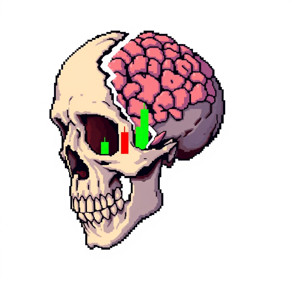 A pixel art image depicting a broken skull with exposed brain matter, infused with vibrant market candles that symbolize financial trends