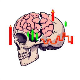 A pixel art image depicting a broken skull with exposed brain matter, infused with vibrant market candles that symbolize financial trends