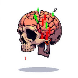 A pixel art image depicting a broken skull with exposed brain matter, infused with vibrant market candles that symbolize financial trends