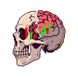 A pixel art image depicting a broken skull with exposed brain matter, infused with vibrant market candles that symbolize financial trends