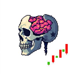 A pixel art image of a broken skull with visible brain matter, combined with colorful market candles symbolizing financial trading