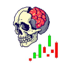 A pixel art image of a broken skull with visible brain matter, combined with colorful market candles symbolizing financial trading