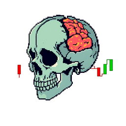 A pixel art image of a broken skull with visible brain matter, combined with colorful market candles symbolizing financial trading