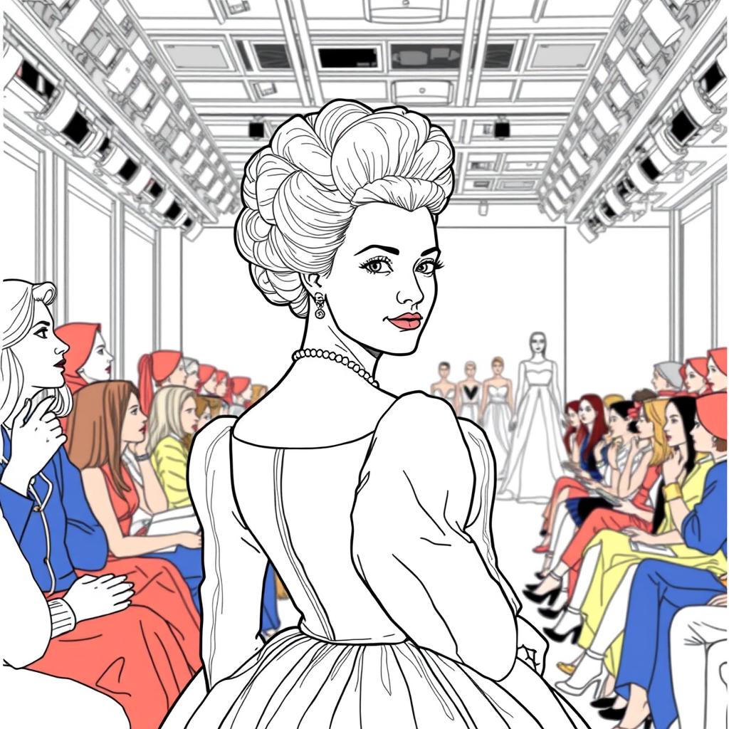 Marie Antoinette depicted as an elegant spectator at a modern fashion show