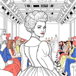 Marie Antoinette depicted as an elegant spectator at a modern fashion show