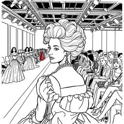 Marie Antoinette depicted as an elegant spectator at a modern fashion show