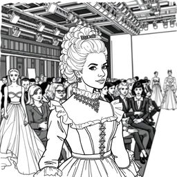 Marie Antoinette depicted as an elegant spectator at a modern fashion show