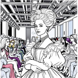 Marie Antoinette depicted as an elegant spectator at a modern fashion show