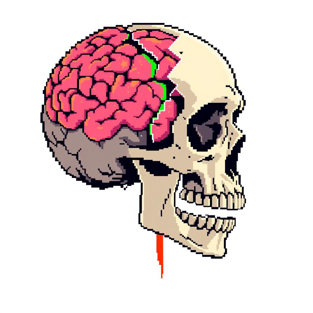 Pixel art of a broken skull with visible brain matter, intertwined with vibrant market candles symbolizing financial trends