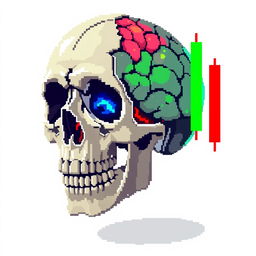 Pixel art of a broken skull with visible brain matter, intertwined with vibrant market candles symbolizing financial trends