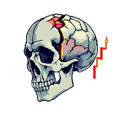 Pixel art of a broken skull with visible brain matter, intertwined with vibrant market candles symbolizing financial trends