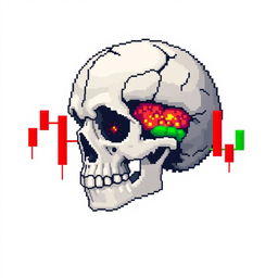 Pixel art of a broken skull with visible brain matter, intertwined with vibrant market candles symbolizing financial trends