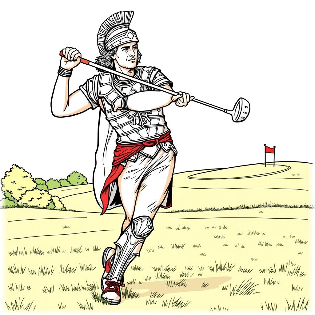 Alexander the Great depicted as a golfer on a modern golf course, swinging a club with precision and determination