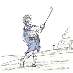 Alexander the Great depicted as a golfer on a modern golf course, swinging a club with precision and determination