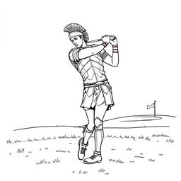 Alexander the Great depicted as a golfer on a modern golf course, swinging a club with precision and determination