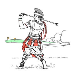 Alexander the Great depicted as a golfer on a modern golf course, swinging a club with precision and determination