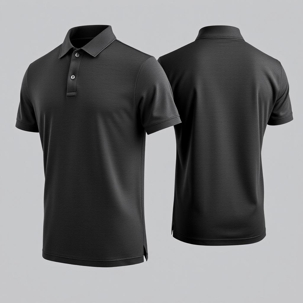 A dark gray polo shirt displayed from both front and back views