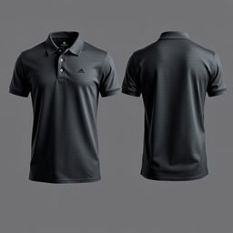 A dark gray polo shirt displayed from both front and back views