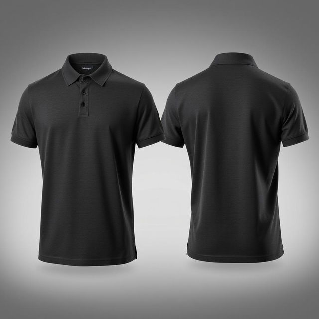 A dark gray polo shirt displayed from both front and back views