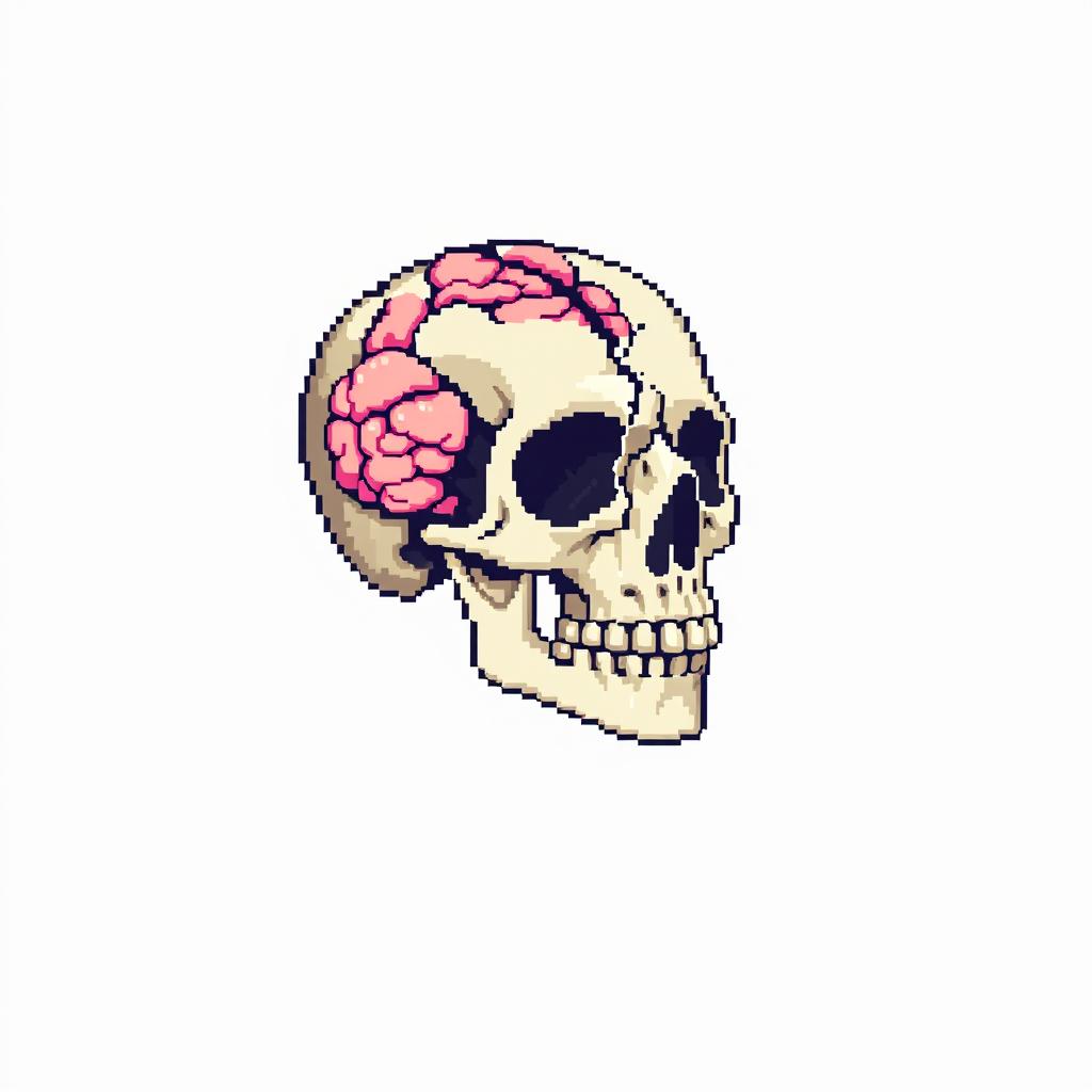 Pixel art of a broken skull with exposed brain matter, set against a clean white background