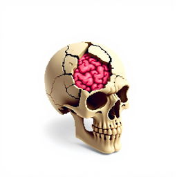 Pixel art of a broken skull with exposed brain matter, set against a clean white background