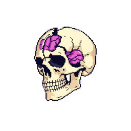 Pixel art of a broken skull with exposed brain matter, set against a clean white background