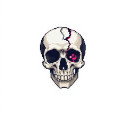 Pixel art of a broken skull with exposed brain matter, set against a clean white background