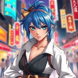 An artistic and tasteful depiction of a strong, confident woman with blue hair styled in a unique and distinctive manner, wearing a fashionable and stylish outfit that accentuates her energetic and charismatic personality