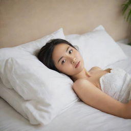 An elegant Asian woman reclining gracefully on a plush bed, relaxing in a soft-lit room, her expressive eyes radiating tranquillity and warmth.