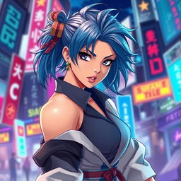 An artistic and tasteful depiction of a strong, confident woman with blue hair styled in a unique and distinctive manner, wearing a fashionable and stylish outfit that accentuates her energetic and charismatic personality