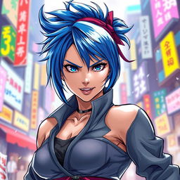 An artistic and tasteful depiction of a strong, confident woman with blue hair styled in a unique and distinctive manner, wearing a fashionable and stylish outfit that accentuates her energetic and charismatic personality