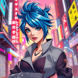 An artistic and tasteful depiction of a strong, confident woman with blue hair styled in a unique and distinctive manner, wearing a fashionable and stylish outfit that accentuates her energetic and charismatic personality