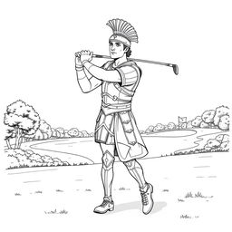 Alexander the Great depicted as a golfer on a modern golf course, swinging a club with precision and determination