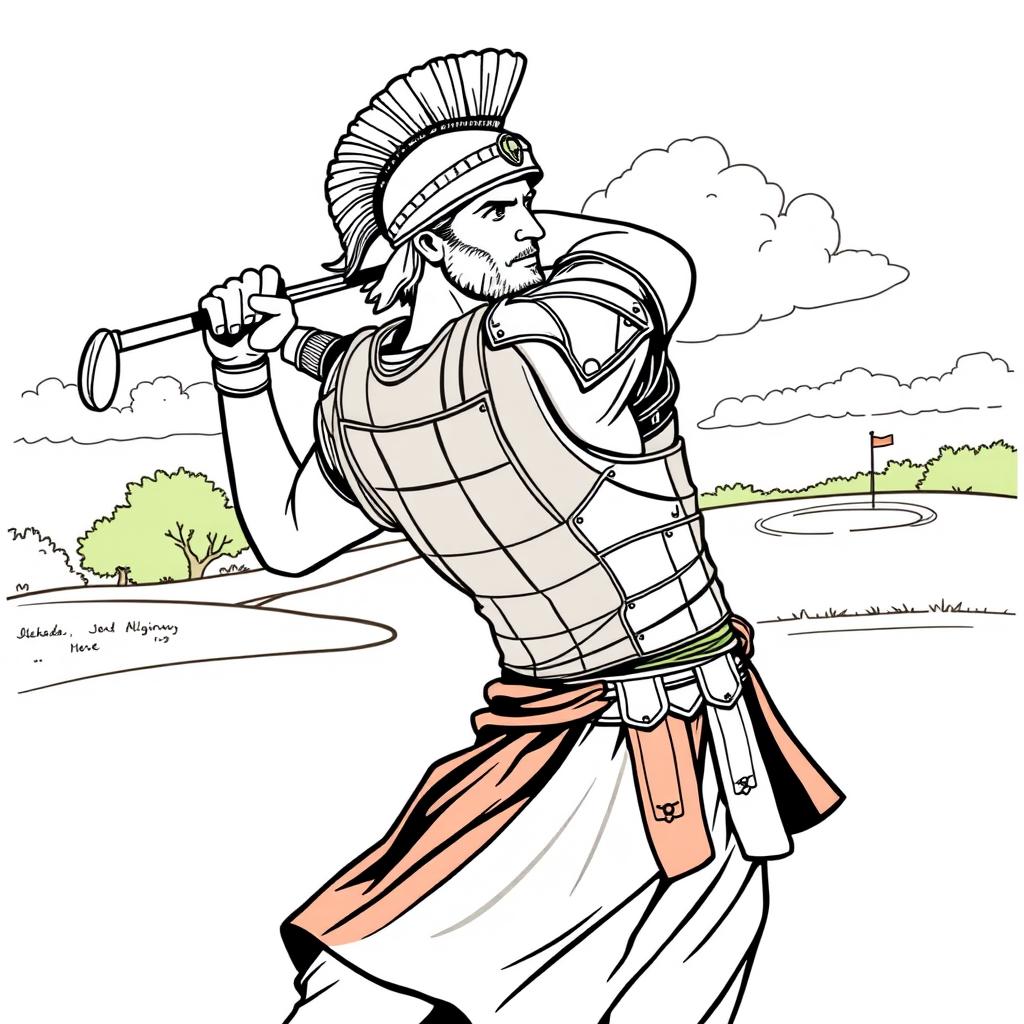 Alexander the Great depicted as a golfer on a modern golf course, swinging a club with precision and determination