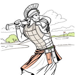 Alexander the Great depicted as a golfer on a modern golf course, swinging a club with precision and determination