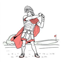 Alexander the Great depicted as a golfer on a modern golf course, swinging a club with precision and determination