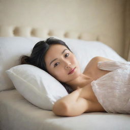 An elegant Asian woman reclining gracefully on a plush bed, relaxing in a soft-lit room, her expressive eyes radiating tranquillity and warmth.