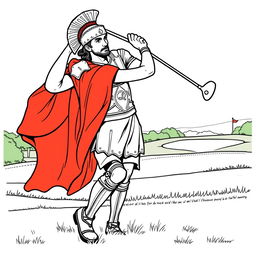 Alexander the Great depicted as a golfer on a modern golf course, swinging a club with precision and determination