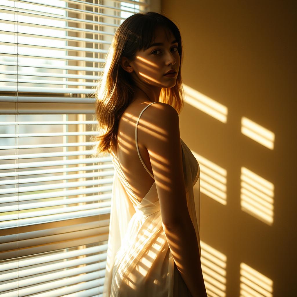 A young woman standing sideways in front of a window