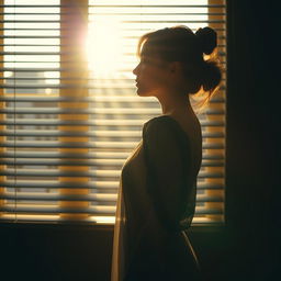 A young woman standing sideways in front of a window