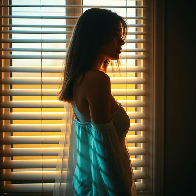 A young woman standing sideways in front of a window