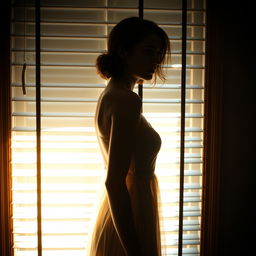 A young woman standing sideways in front of a window