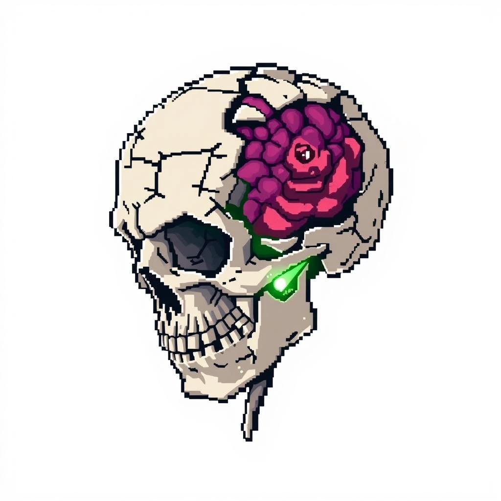 Pixel art of a broken skull with visible brain matter against a white background