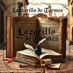 An artistic book cover design for "La Vida de Lazarillo de Tormes" highlighting the concept of paratext and its elements