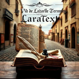 An artistic book cover design for "La Vida de Lazarillo de Tormes" highlighting the concept of paratext and its elements