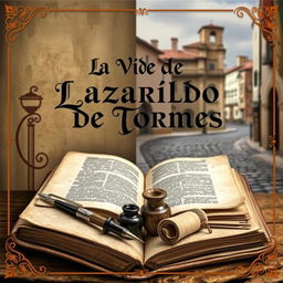 An artistic book cover design for "La Vida de Lazarillo de Tormes" highlighting the concept of paratext and its elements